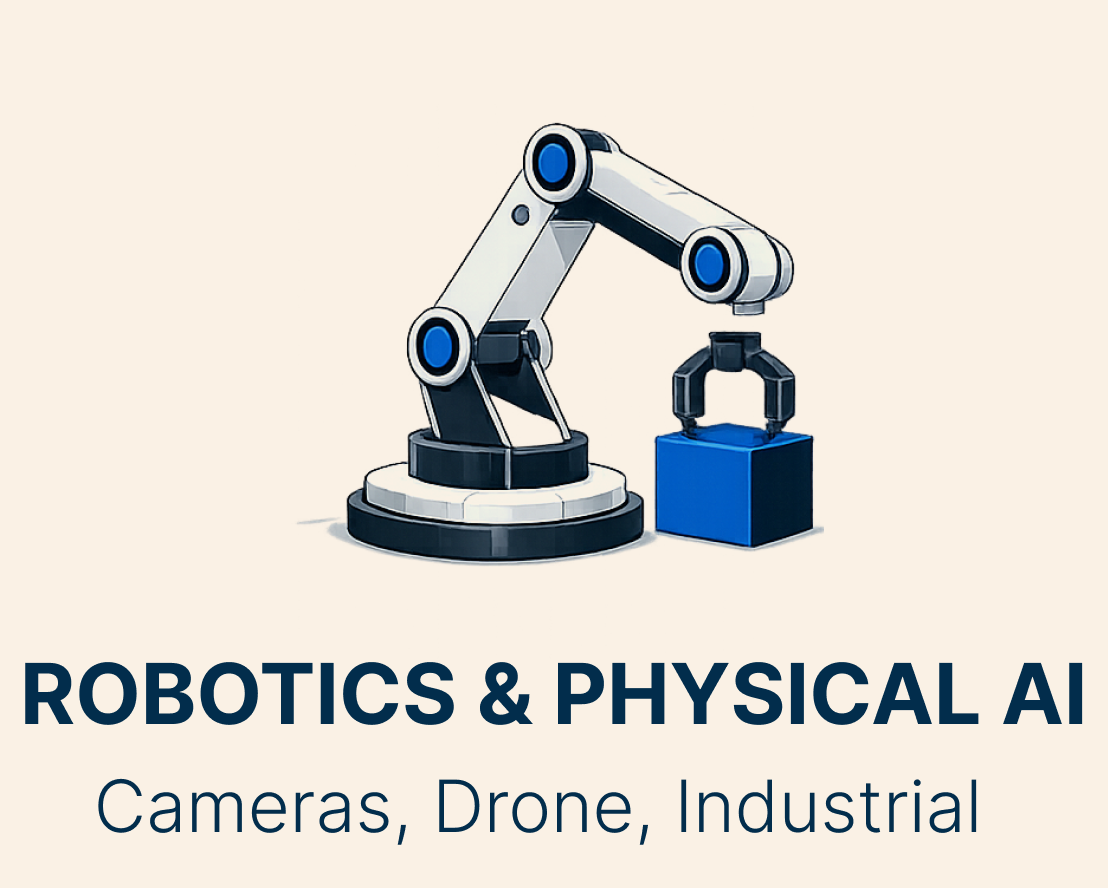 Robotics arm with text about robotics and physical AI, cameras, drone, industrial.