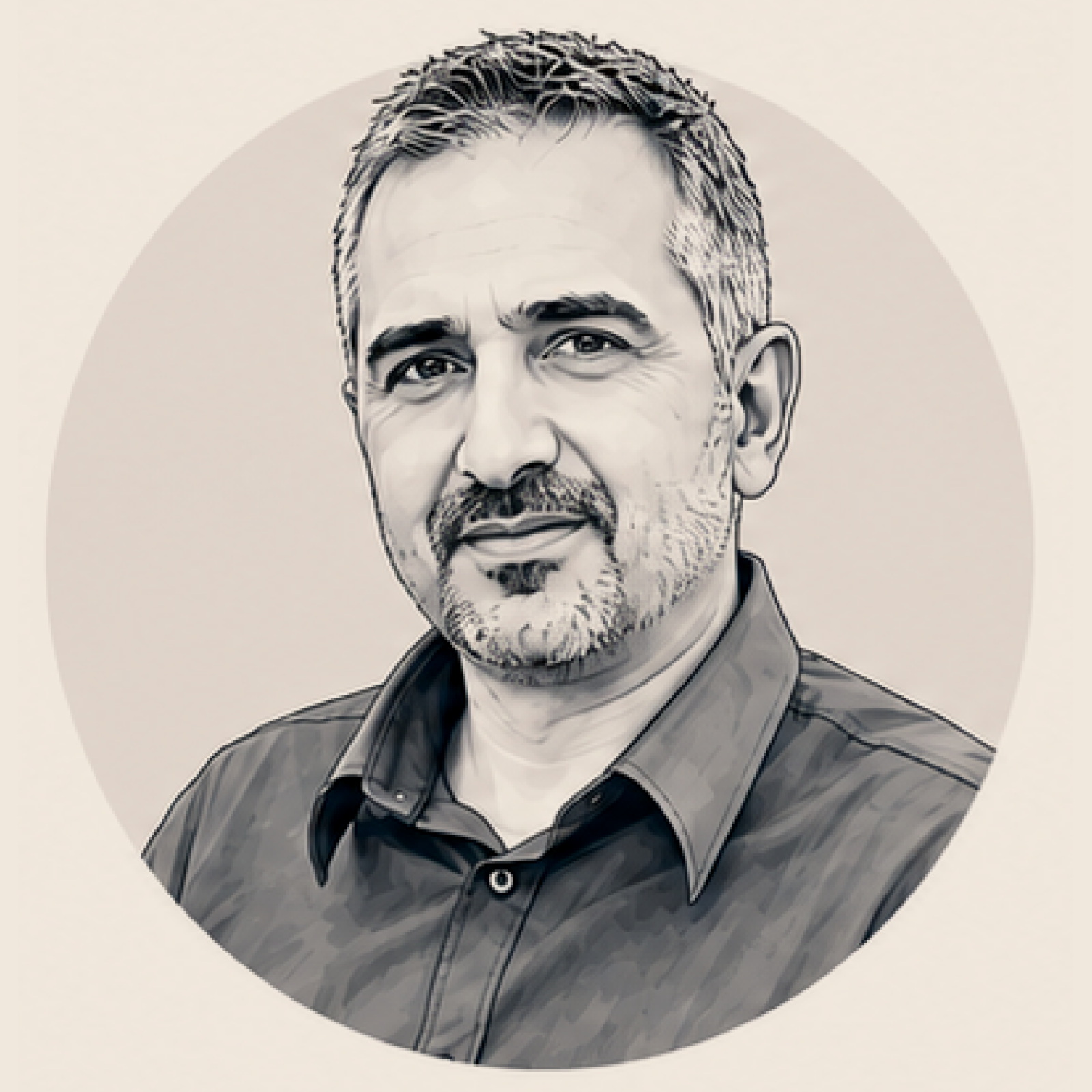 Black and white digital illustration of a middle-aged man with short hair, beard, and mustache, wearing a collared shirt.
