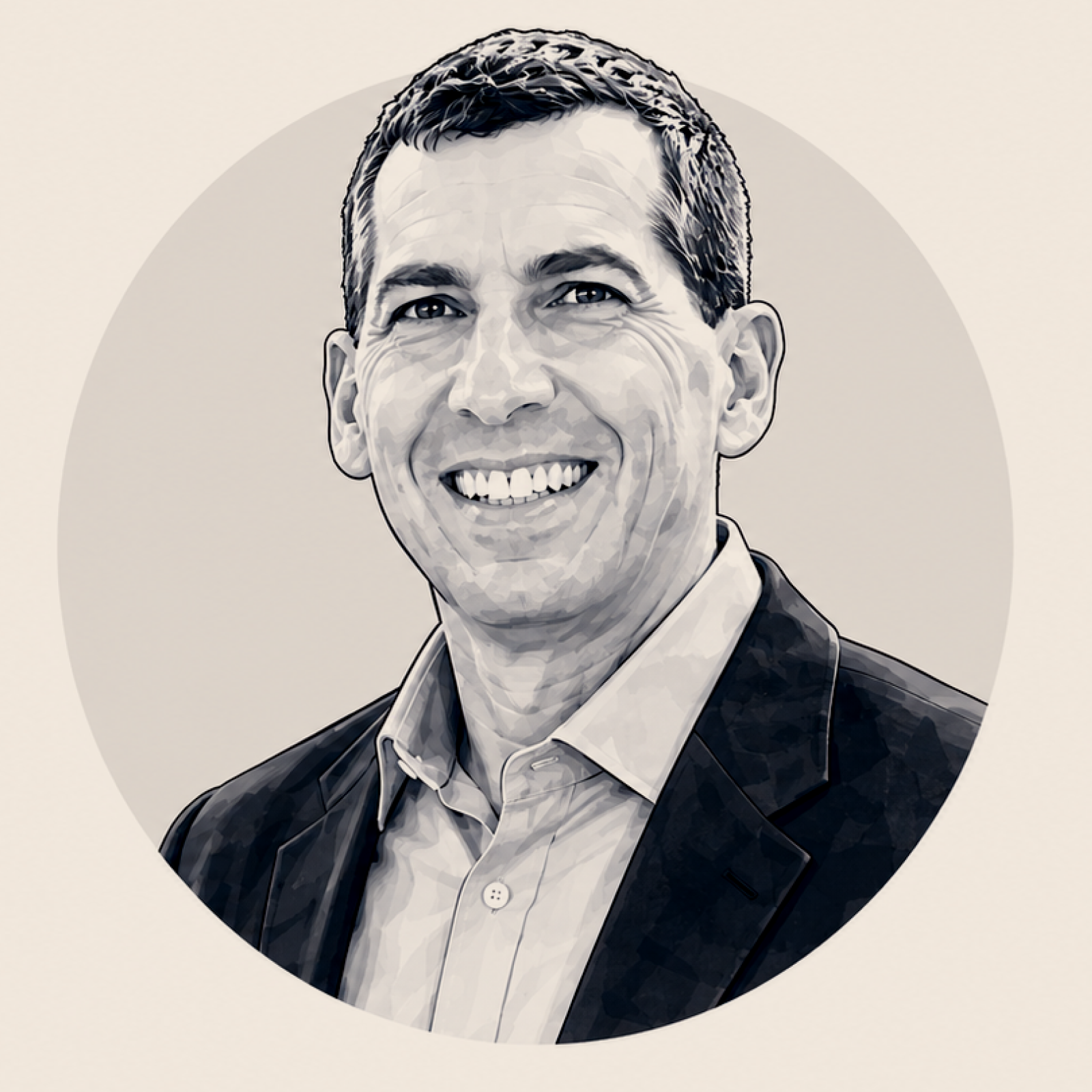 A black and white digital illustration of a smiling man in a suit.