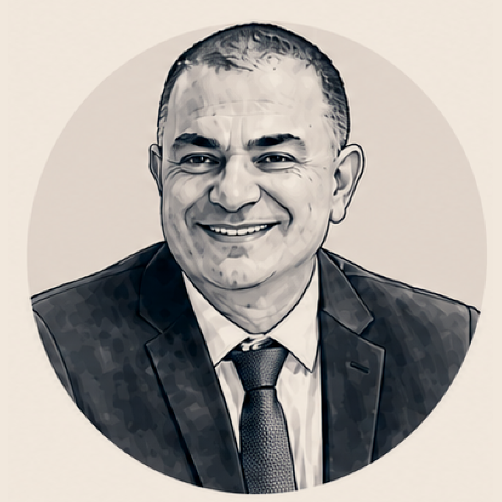 Black and white illustration of a smiling man in a suit with a tie.