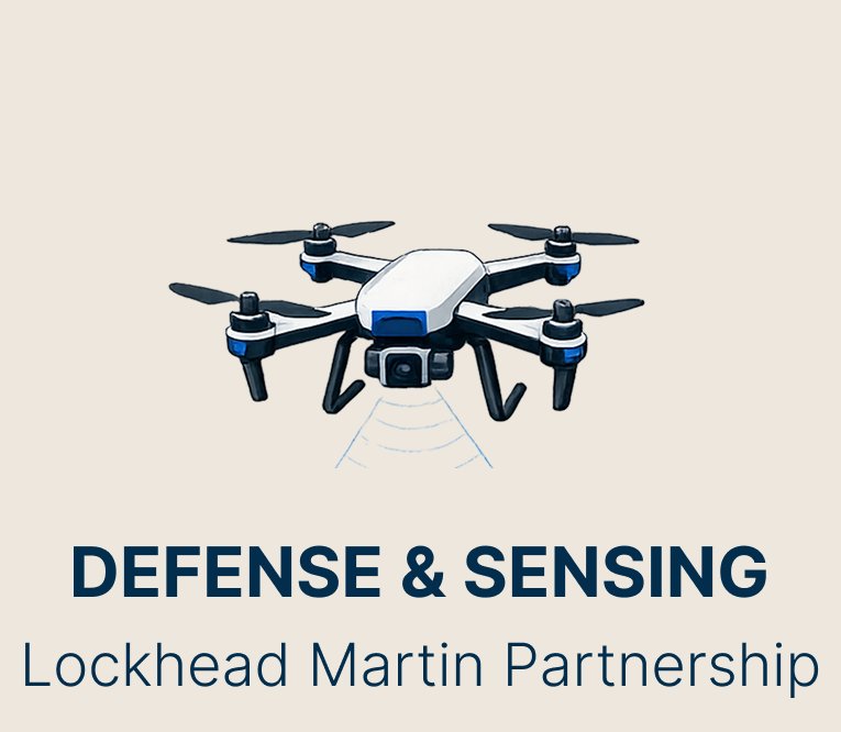 Illustration of a drone with sensors flying over a beige background, with the text 'Defense & Sensing' and 'Lockheed Martin Partnership' below.