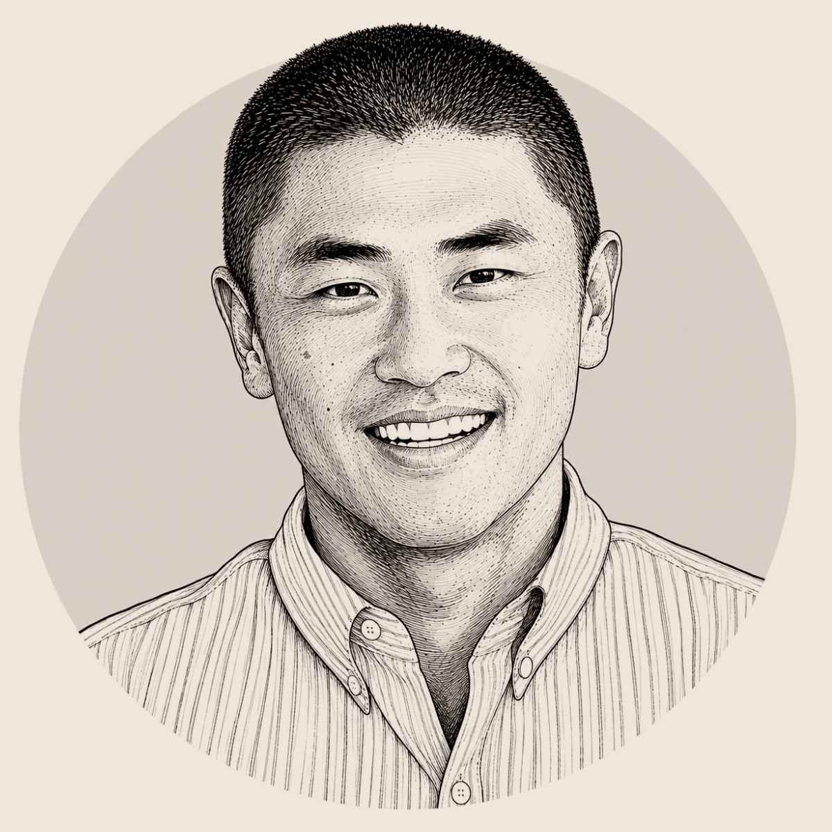 A black-and-white sketch of a young Asian man smiling, wearing a striped collared shirt, against a circular background.