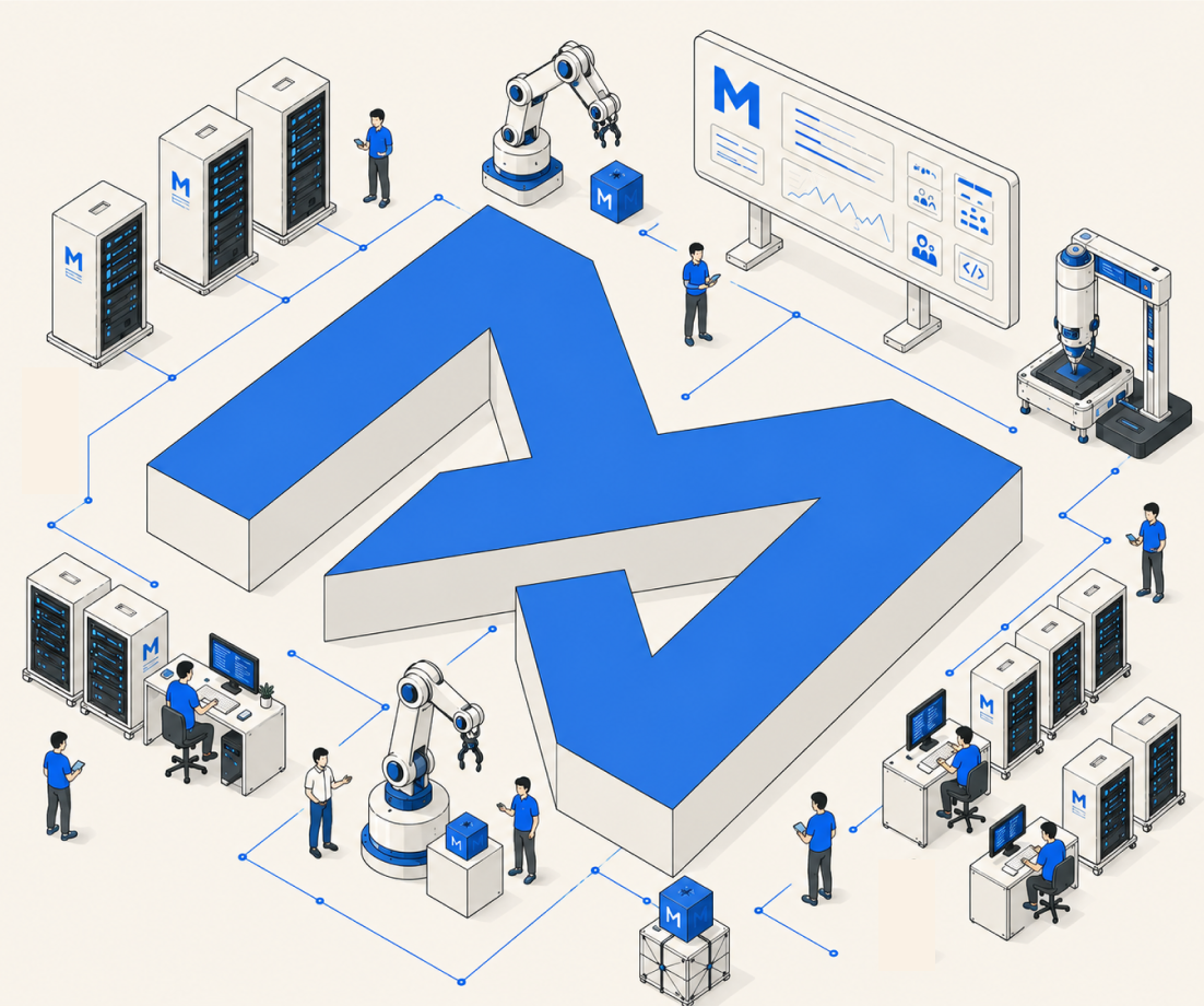 Illustration of a large 3D checkmark with a blue and white color scheme, surrounded by people working on computers, robotic arms, servers, and monitoring screens, representing technology and data analysis.