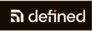 Logo with the word 'defined' in lowercase letters, featuring a stylized 'd' and a pink dot over the 'i' on a black background.