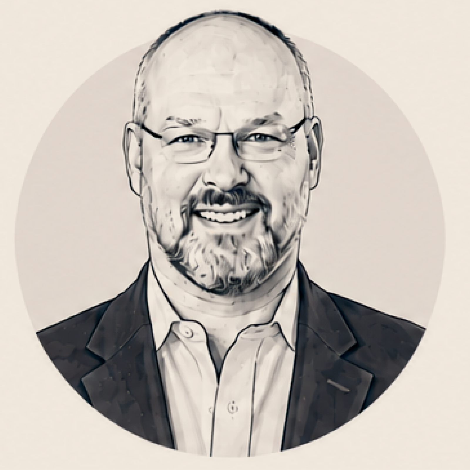 Black and white illustrated portrait of a smiling man with glasses, a beard, and short hair, wearing a tuxedo with a bow tie.