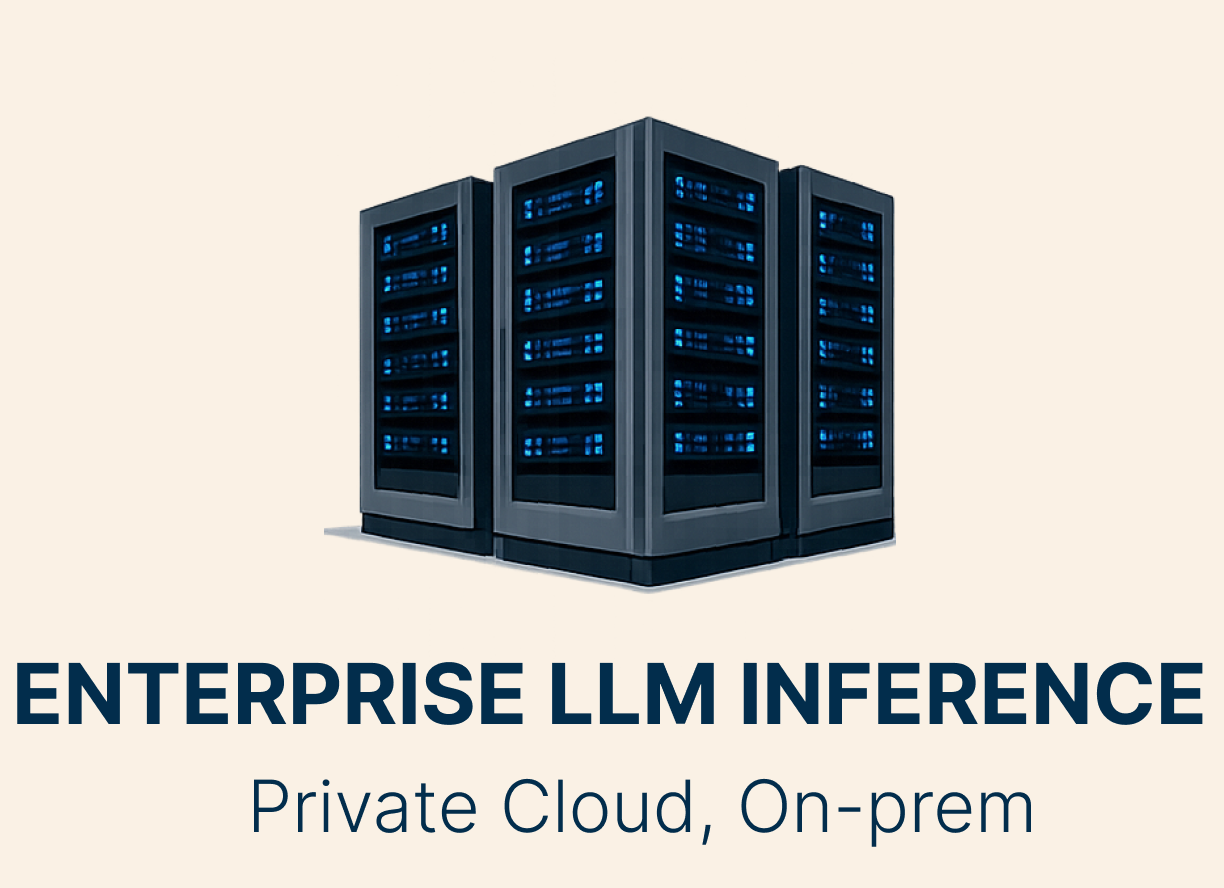 A black server rack with blue LED lights on a beige background, with text that reads 'Enterprise LLM Inference, Private Cloud, On-prem'.