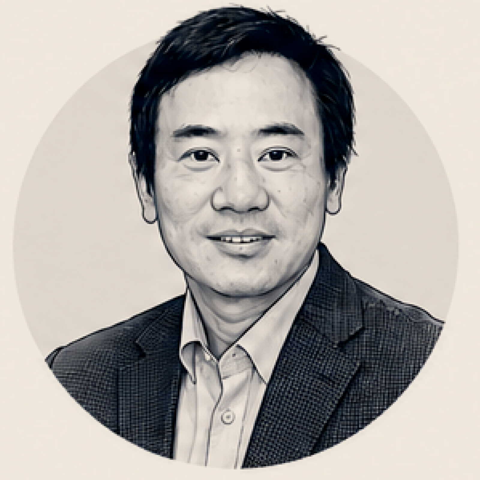Black and white portrait of an East Asian man in a suit, smiling, with short, neatly combed hair, dressed in a checked blazer and collared shirt.