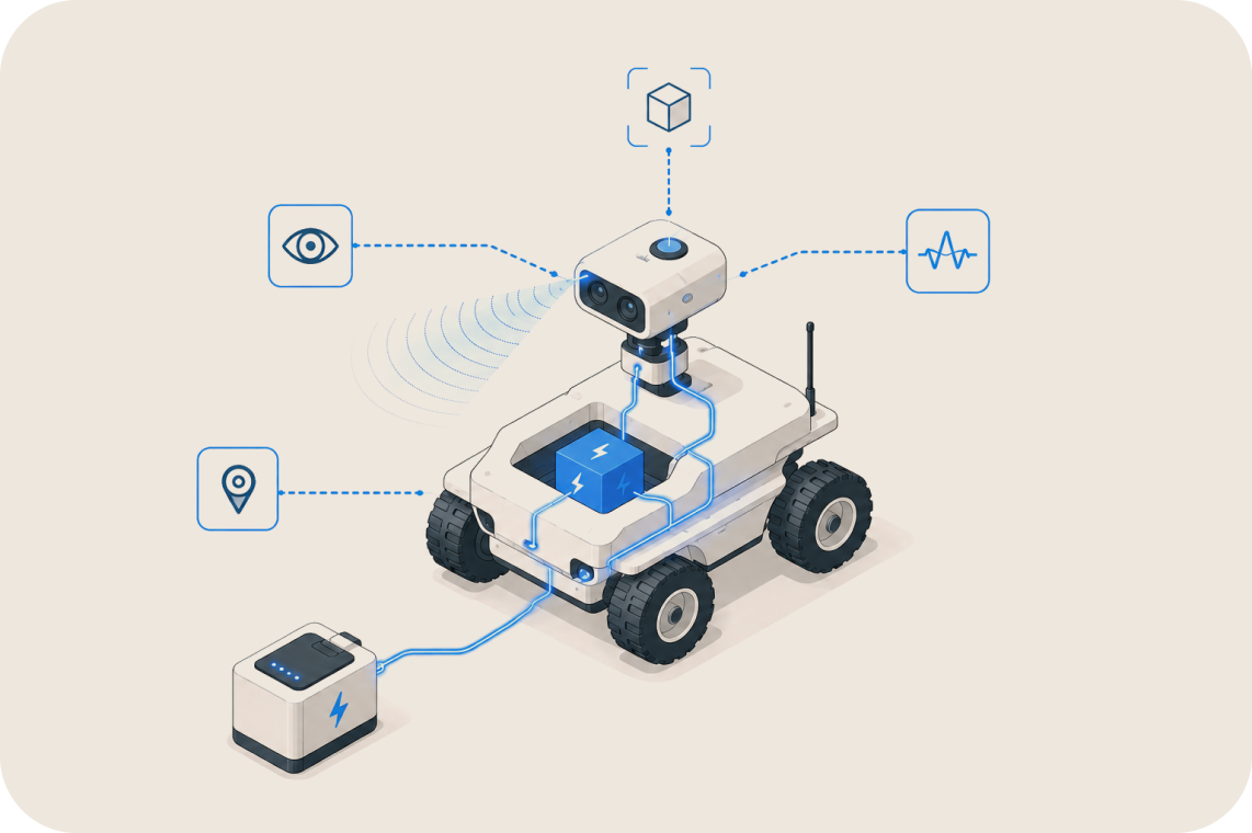 A robotic vehicle equipped with sensors and cameras, connected to a power source, with icons indicating capabilities such as vision, mapping, and health monitoring.