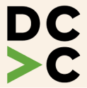 Logo with the letters D, C, and C, with a green greater-than symbol in place of the letter E