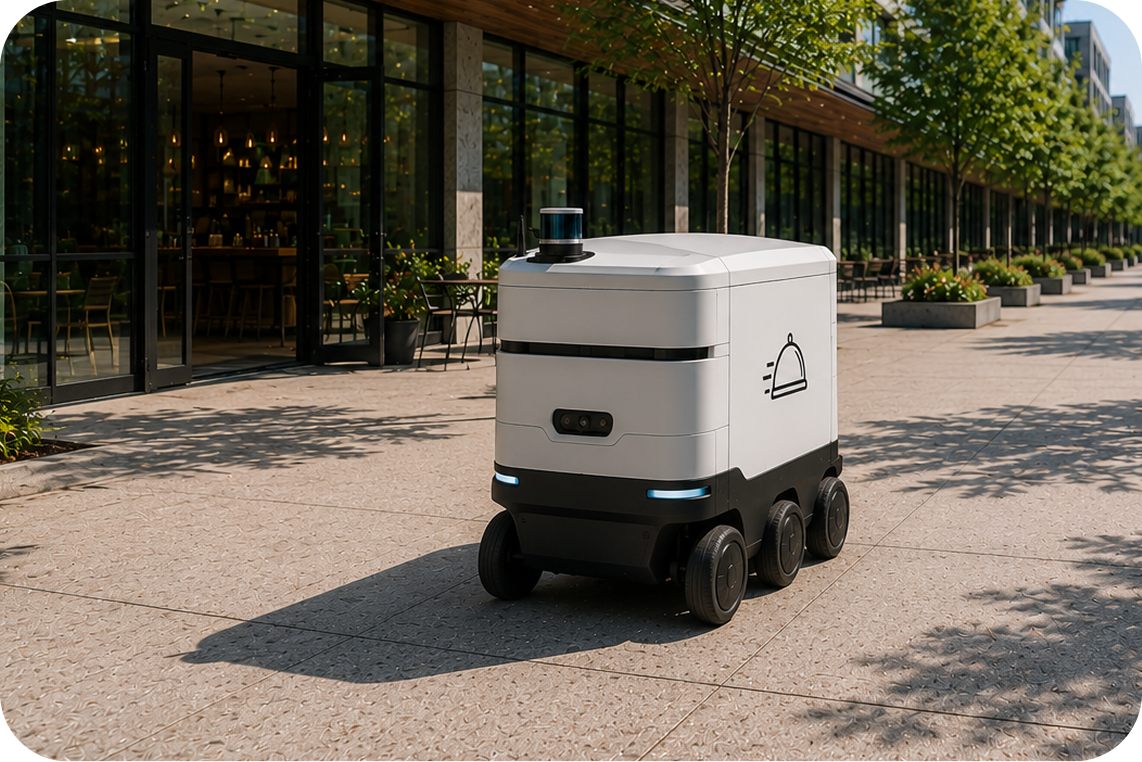 Autonomous delivery robot on sidewalk outside a glass-fronted building with outdoor seating and potted plants.