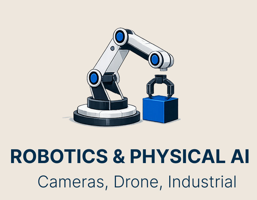 Illustration of a robotic arm handling a blue box with black gripping mechanism, with text 'Robotics & Physical AI' and 'Cameras, Drone, Industrial'.