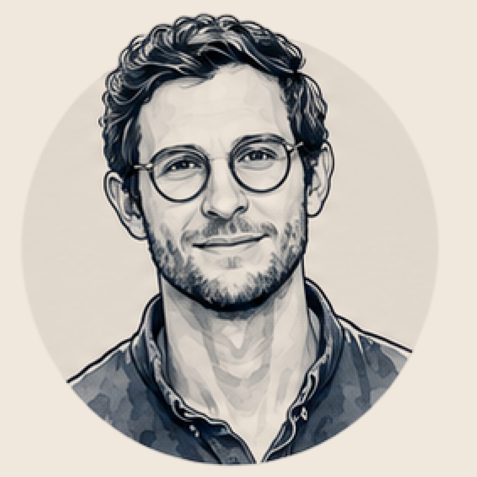 A digitally illustrated portrait of a smiling man with glasses, wavy dark hair, wearing a dark jacket over a shirt.