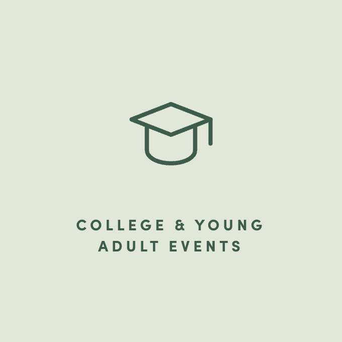 Icon of a graduation cap above the text 'College & Young Adult Events' on a light green background.