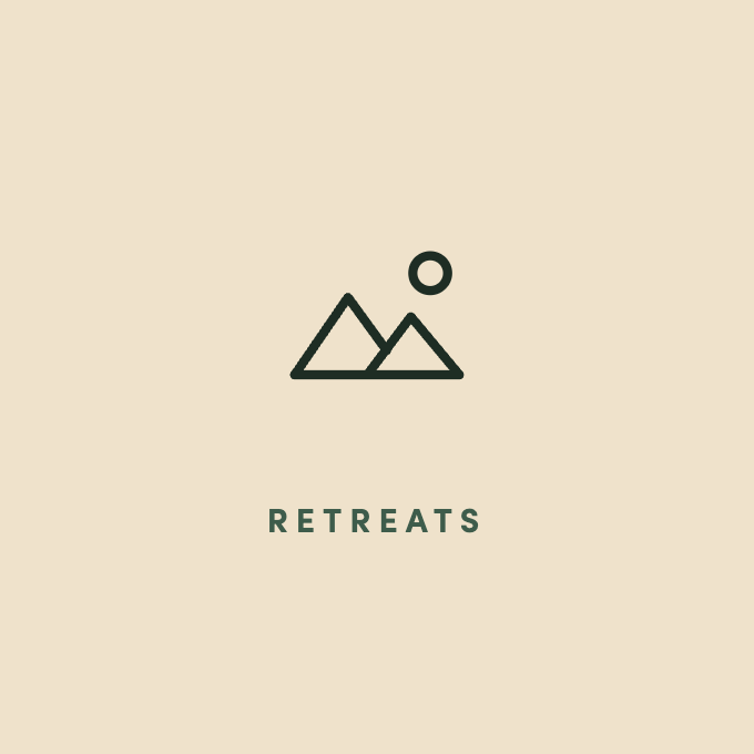 Simple line drawing of mountains with a sun or moon above, and the word 'RETREATS' written below.