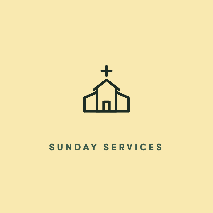 An icon of a church with a cross on top and the words "Sunday Services" beneath it on a light yellow background.