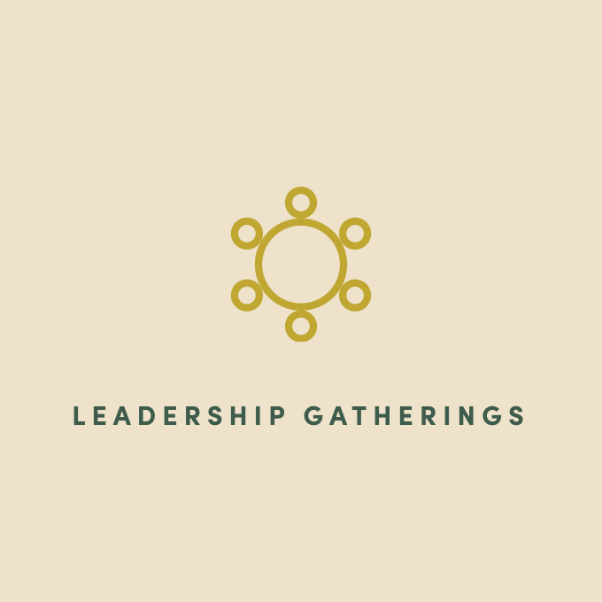 Graphic with a circular design and six small circles around it, above the text 'Leadership Gatherings' on a beige background.