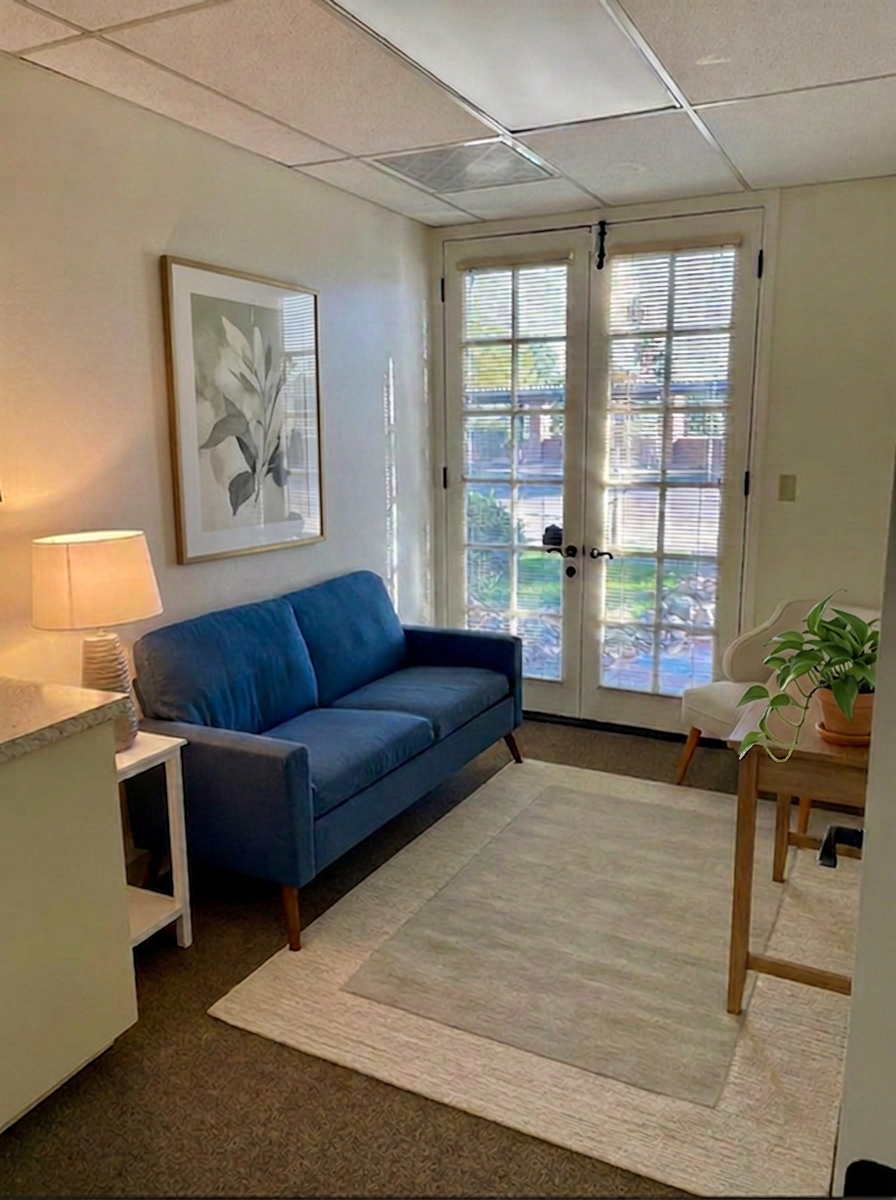Living room with blue sofa, white side table with lamp, beige armchair, wooden table with potted plant, large glass doors with blinds, framed wall art, beige rug on brown carpeted floor.