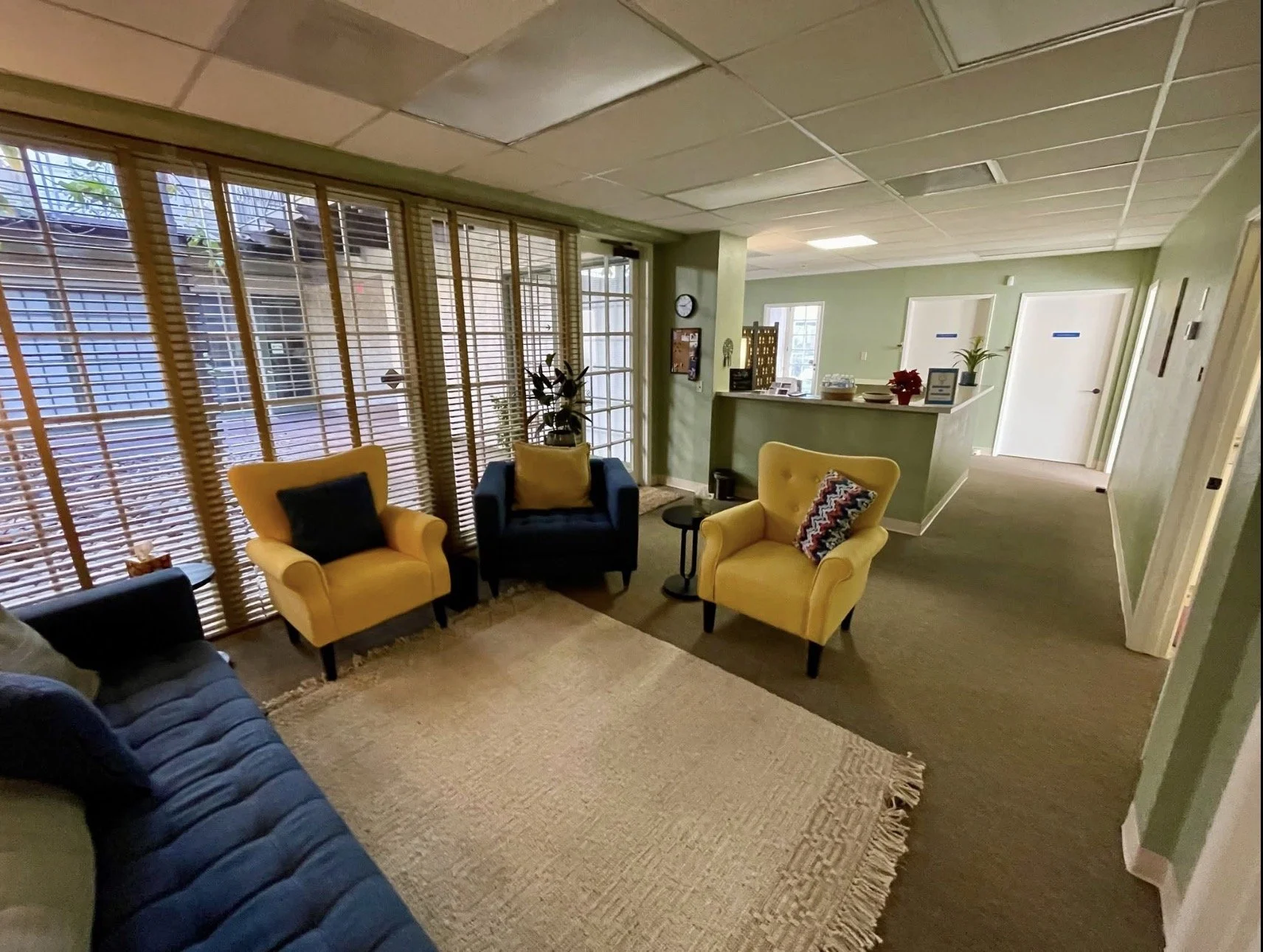 A cozy waiting room with three colorful armchairs, a black sofa, and a beige rug. The room has green walls, a window with wooden blinds, and a reception desk with decorative plants and holiday decorations.