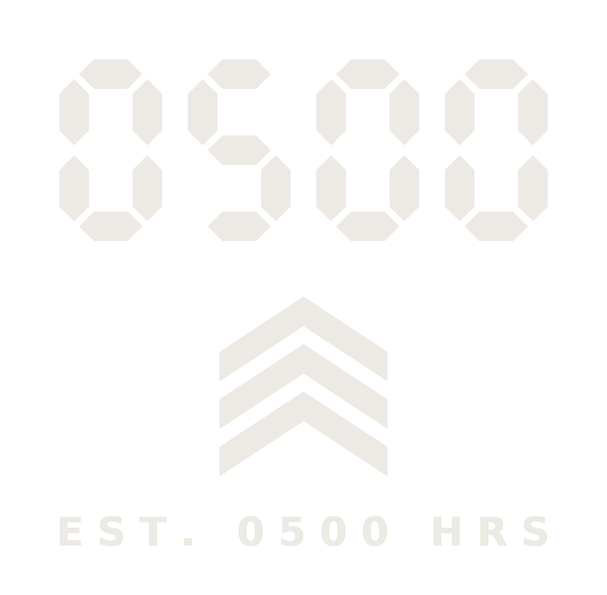 Black background featuring a white outline of a house shape with hexagon-topped columns and a accented roof, with text underneath reading 'EST. 0500 HRS' in white capital letters.