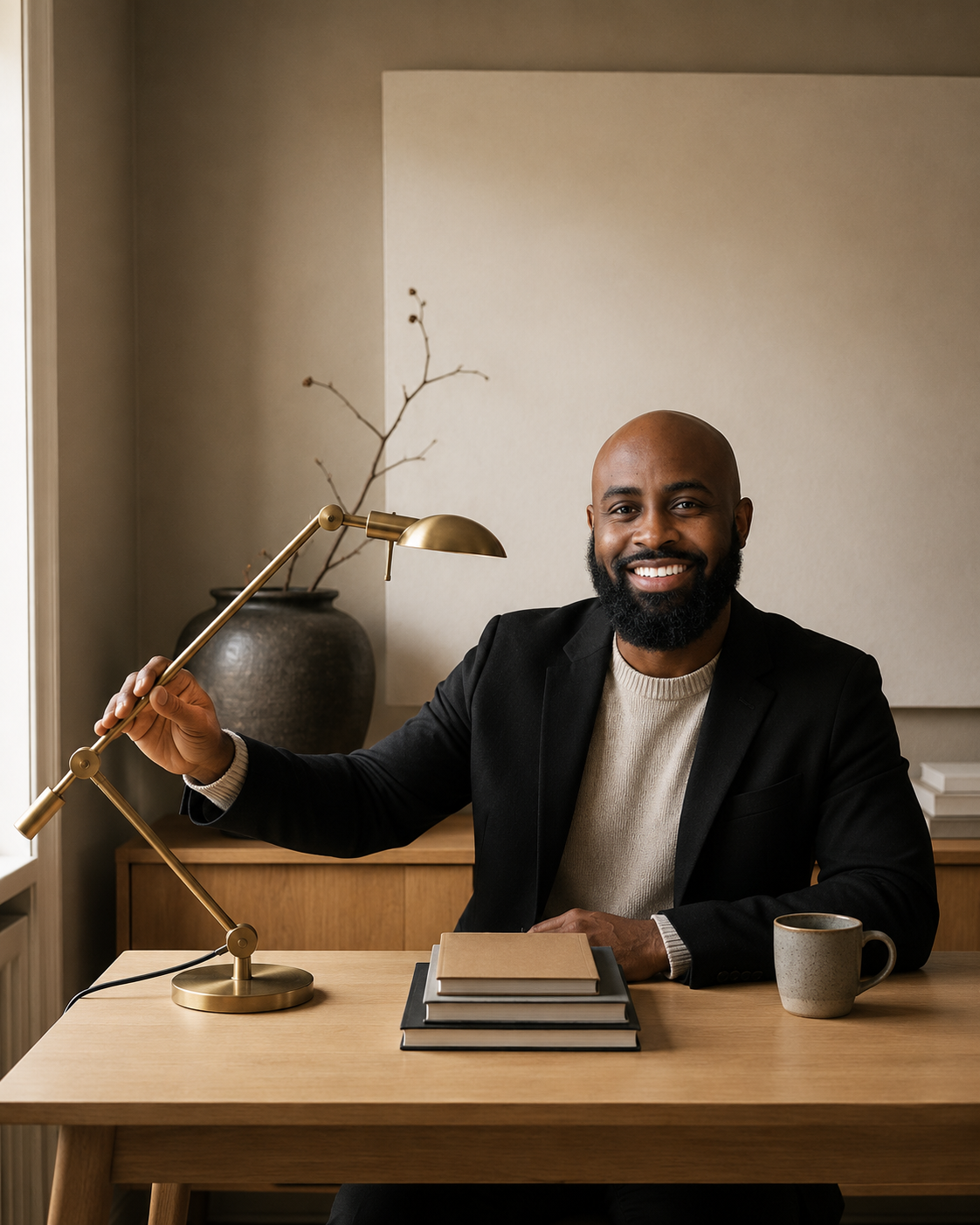 A smiling man with a beard, wearing a black blazer and cream sweater, sitting at a wooden desk with a gold desk lamp, notebooks, a coffee mug, and a decorative plant in the background.