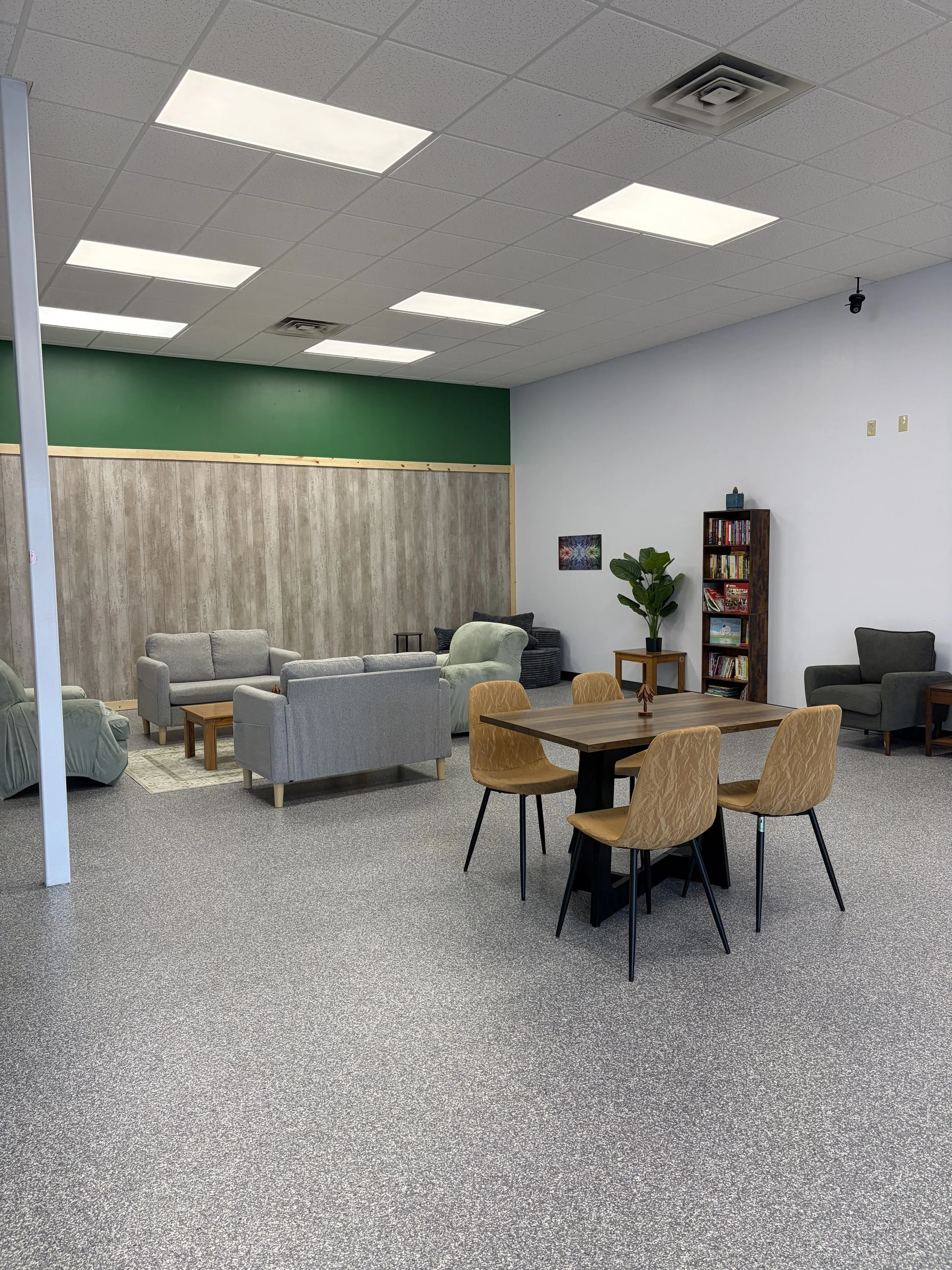 A spacious lounge area with multiple seating options including armchairs and a dining table with chairs. The room has a textured, gray carpet, a partially decorated wall with wood paneling and painted green and white sections, and a bookshelf filled with books. A small potted plant is on a side table, and a colorful artwork decorates the wall. The ceiling has fluorescent light panels and ventilation units, along with a security camera.