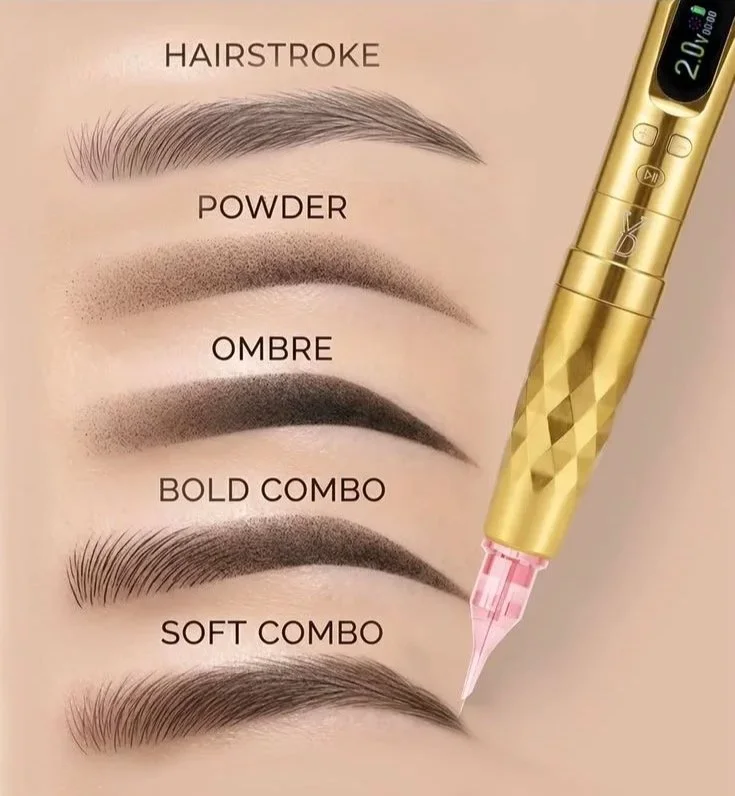 Different permanent eyebrow styles including Nano, Powder, Ombre, and Combo Brows