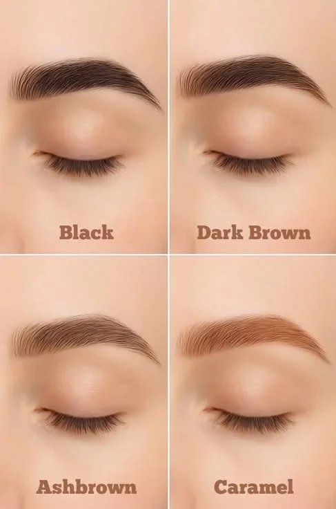 Comparison of eyebrow permanent makeup color  in black, dark brown, ash brown, and caramel shades.