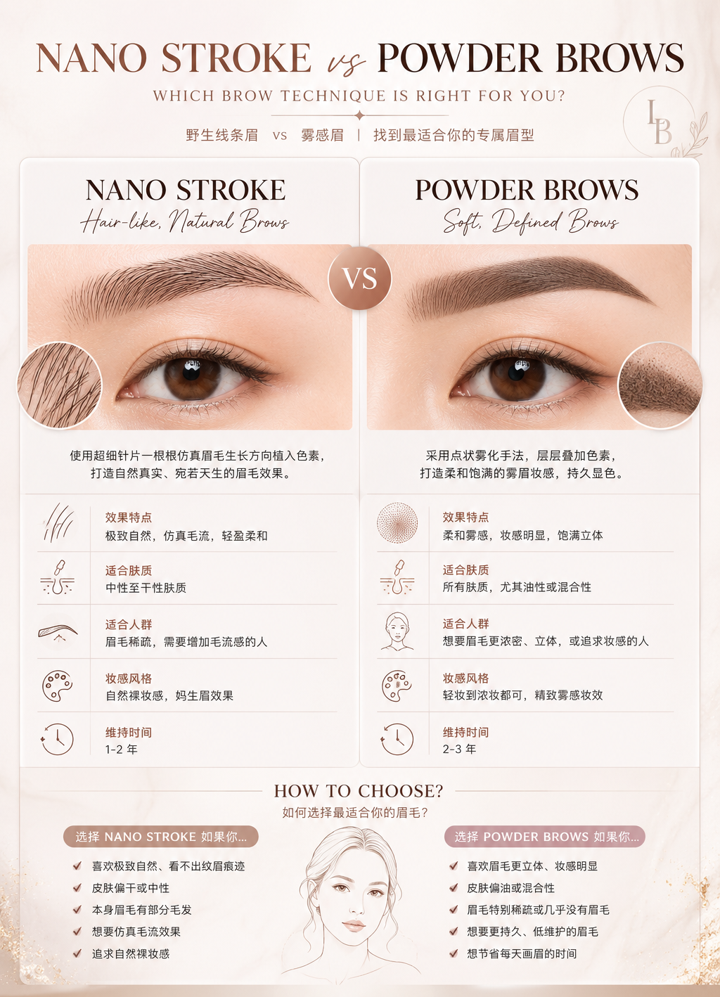 A comparative guide to nano stroke and powder brow techniques, featuring close-up images of each type of eyebrow, illustrated icons, and text explaining their characteristics, suitable skin types, and ideal candidates.