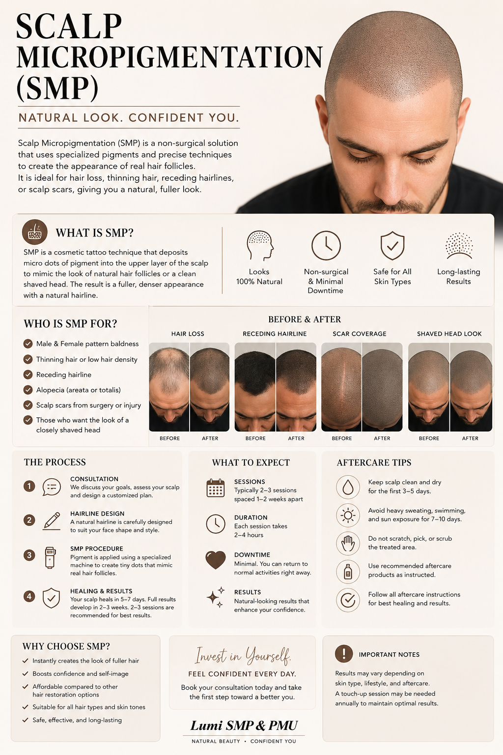 Hair tattoo ( Scalp Micropigmentation) guide for thinning hair, receding hairlines, bald spots and scalp scars