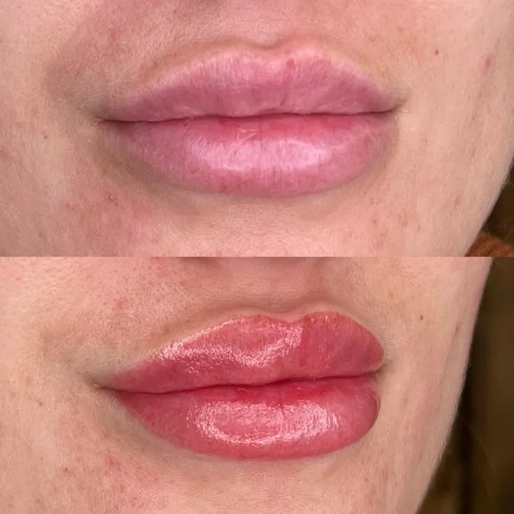 Permanent lip tattoo before and after with soft, natural lip blush result
