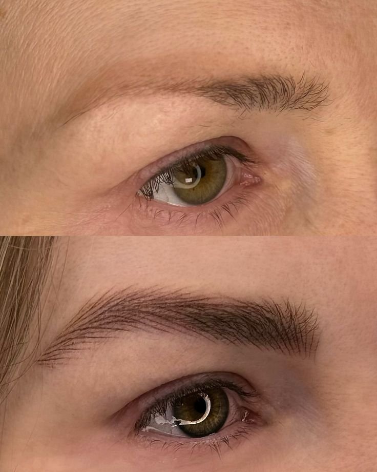 Eyebrow tattoo before and after results with natural fuller brows