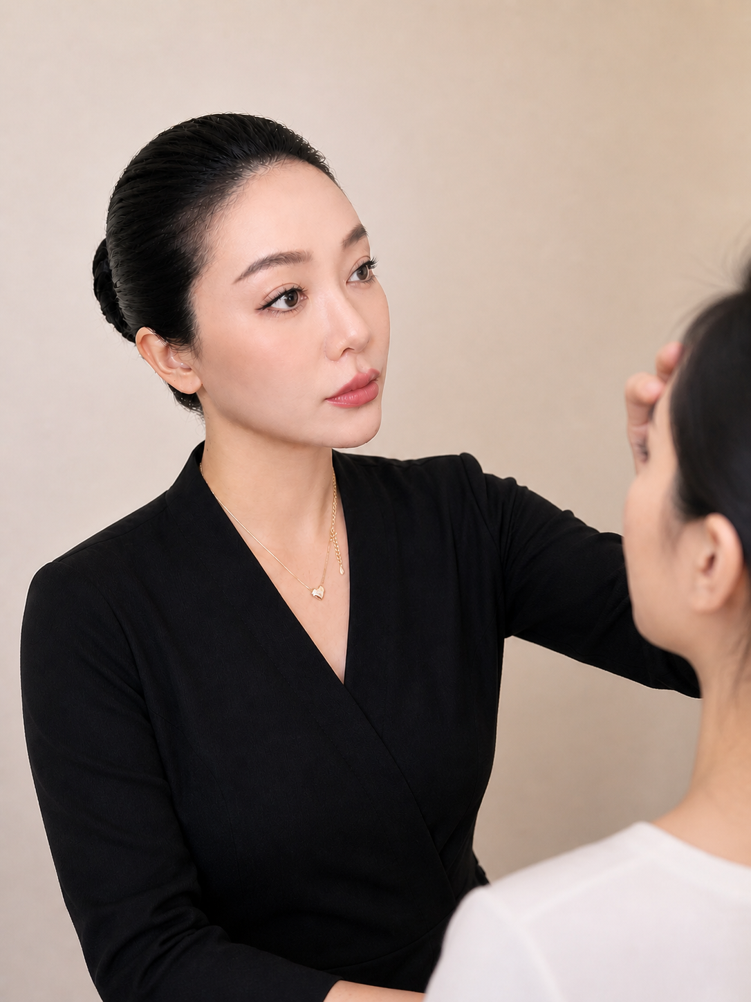 Professional permanent makeup artist performing eyebrow consultation in Bellevue, WA