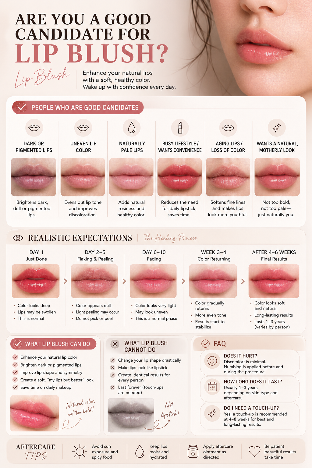 Lip Blush guide covering benefits, healing process, aftercare, and who is a good candidate for permanent lip color