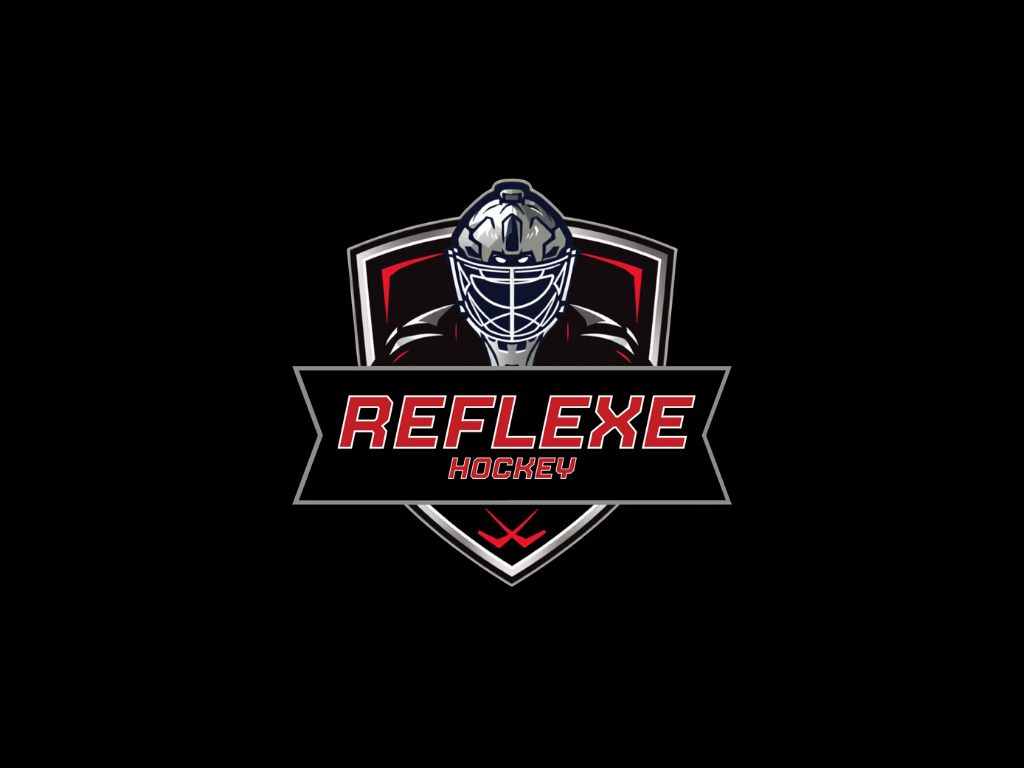 Logo d'une d'une école de gardiens de but de hockey sur glace, représentant un gardien de but avec un casque, sur un fond noir, avec le nom 'Reflexe Hockey' en lettres rouges et blanches.