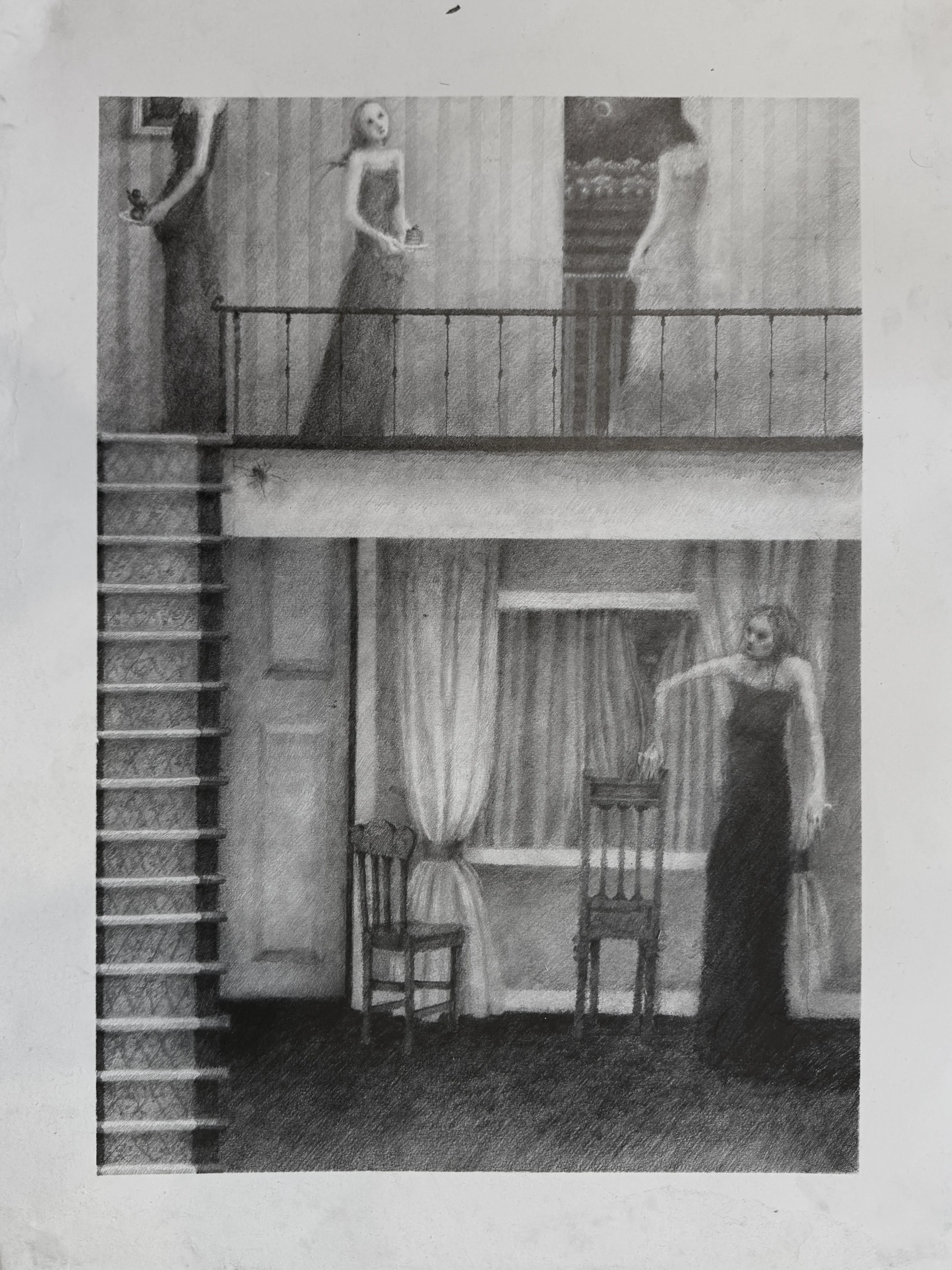 woman under stairs (18inx24in, graphite on paper)