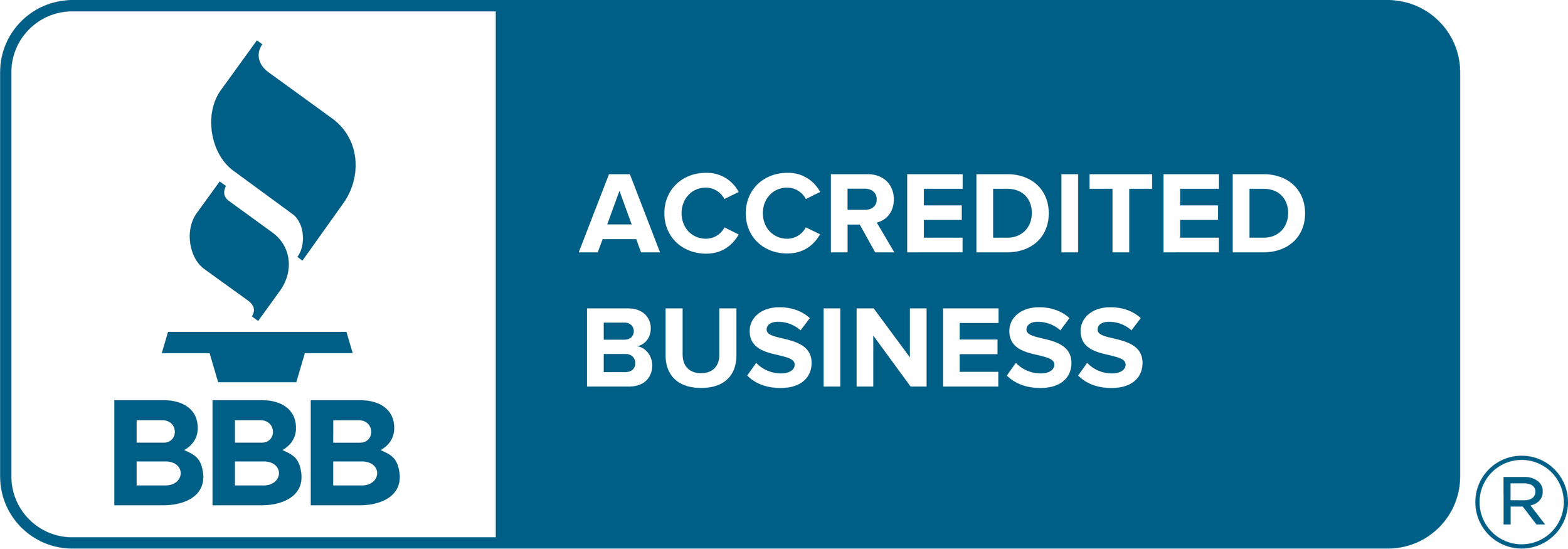 BBB Accredited Business logo in blue and white with BBB initials and a stylized flame icon.