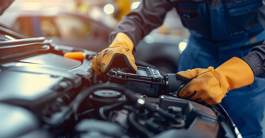A person wearing yellow gloves working on a car engine in a garage.