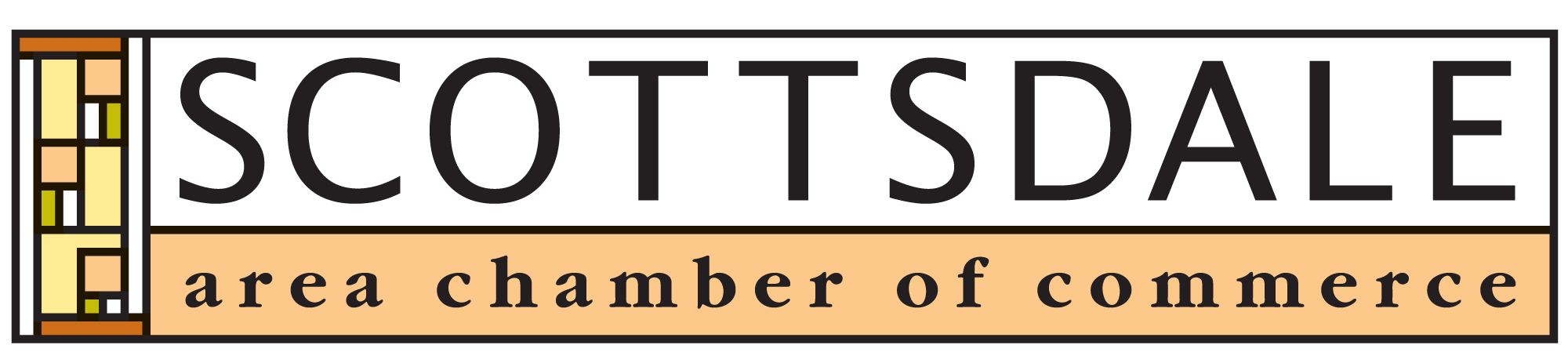 Logo of Scottsdale Area Chamber of Commerce featuring a geometric design on the left with orange, yellow, beige, brown, black, and white colors, and the text 'SCOTTSDALE' and 'area chamber of commerce' in black and beige background.