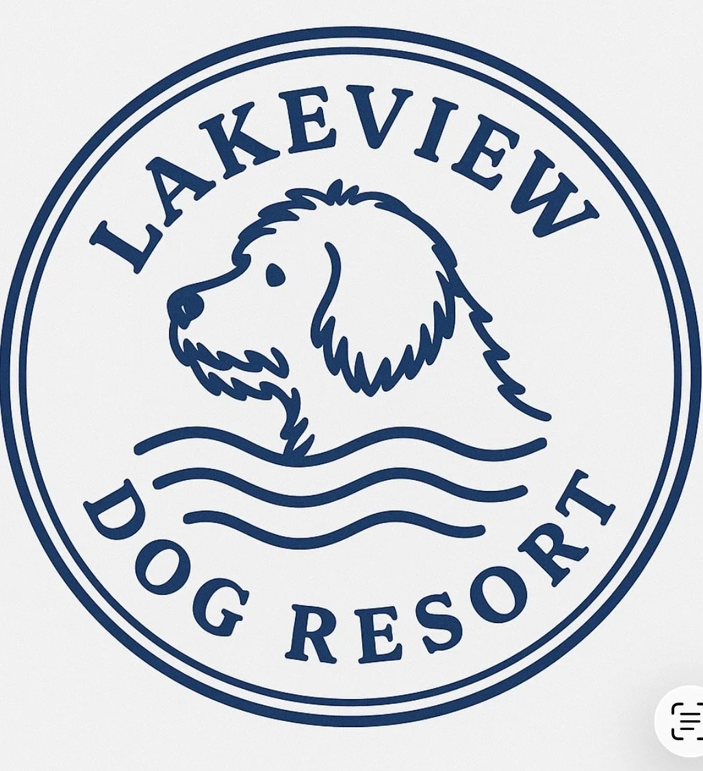 Logo for Lakeview Dog Resort featuring a line drawing of a dog's head above wavy lines with the words "Lakeview Dog Resort" circling around the image.