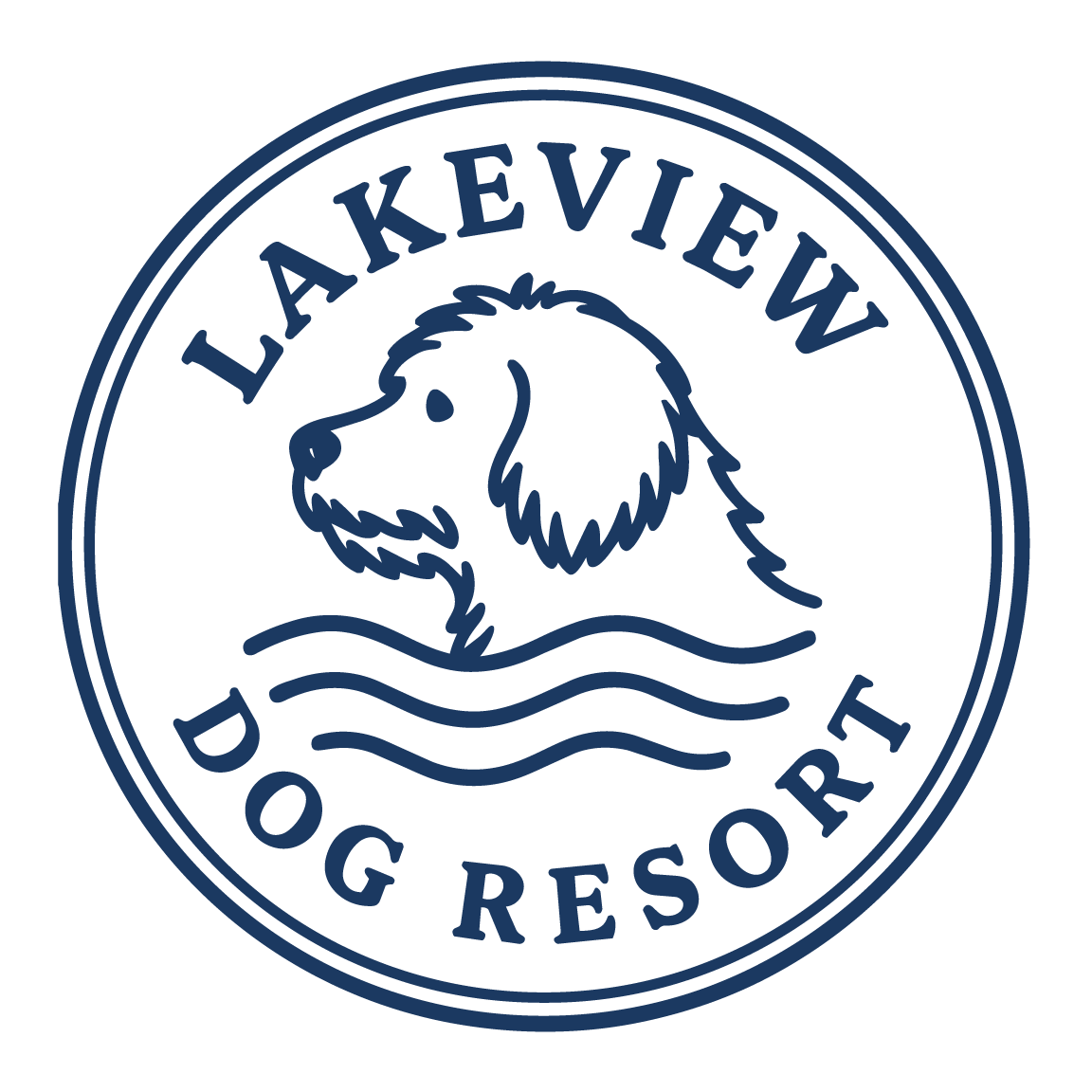 Logo for Lakeview Dog Resort featuring a line drawing of a dog's head and neck, with the text 'LAKEVIEW DOG RESORT' encircling the image.