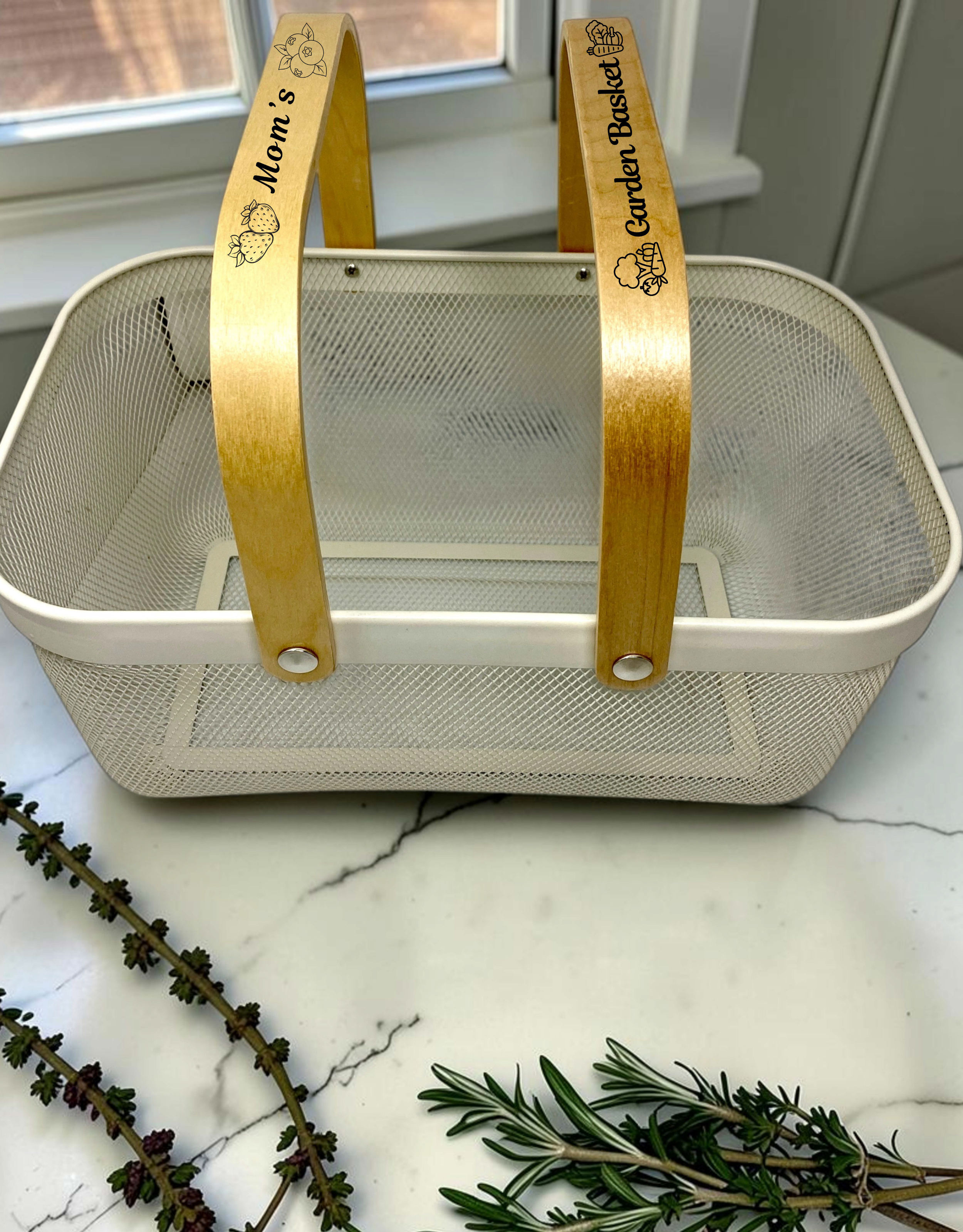 Personalized Double Handle White Mesh Basket — One Handle Engraved