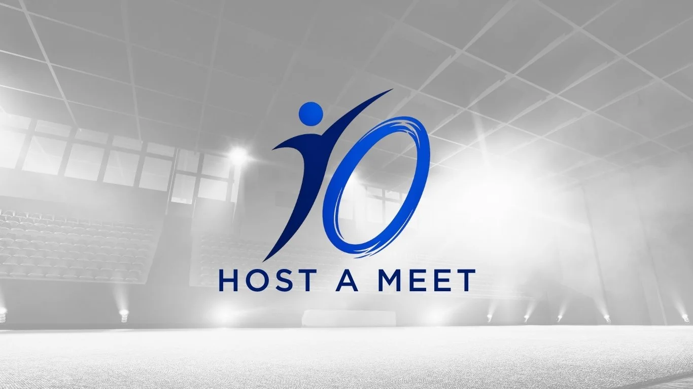 Celebrating 10 years of hosting Meet events with a logo featuring the number 10 and the text 'Host a Meet' inside a large, well-lit indoor stadium or auditorium.
