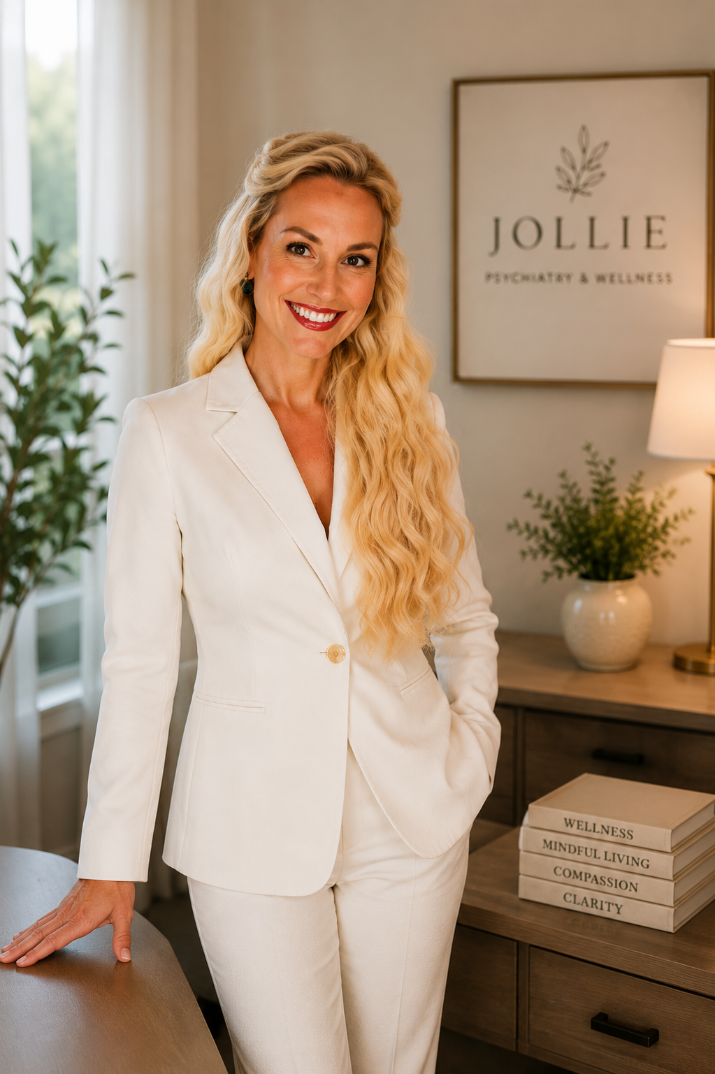 A woman with long curly blonde hair wearing a white suit, smiling, standing in an office with a sign that reads 'Jollie Psychiatry & Wellness' behind her.