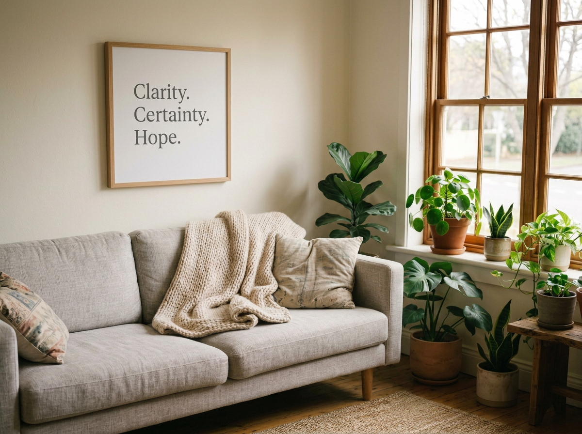 A cozy living room corner with a beige couch, knitted blanket, cushions, and various houseplants near a large window, with a framed quote on the wall reading "Clarity. Certainty. Hope."