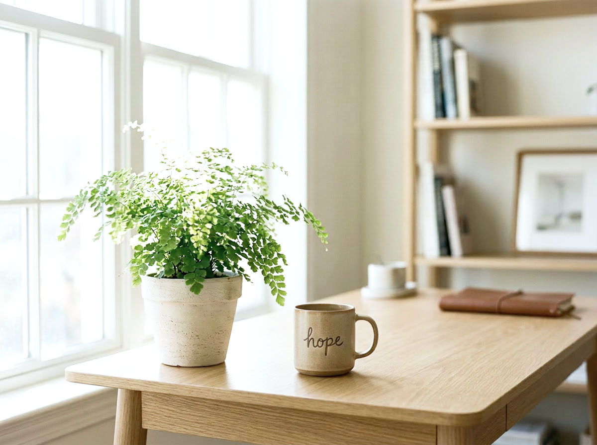 A bright room with a wooden desk by a large window, decorated with a potted fern, a mug labeled 'hope', and a closed notebook, with books on a wooden shelf in the background.