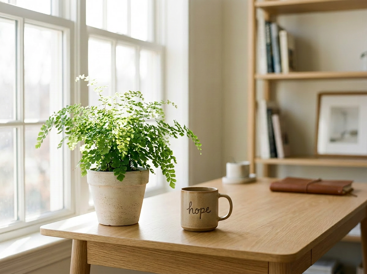 A cozy indoor workspace with a potted fern, a coffee mug labeled 'hope', a notebook, and a small white cup on a wooden desk near a large window and bookshelves.