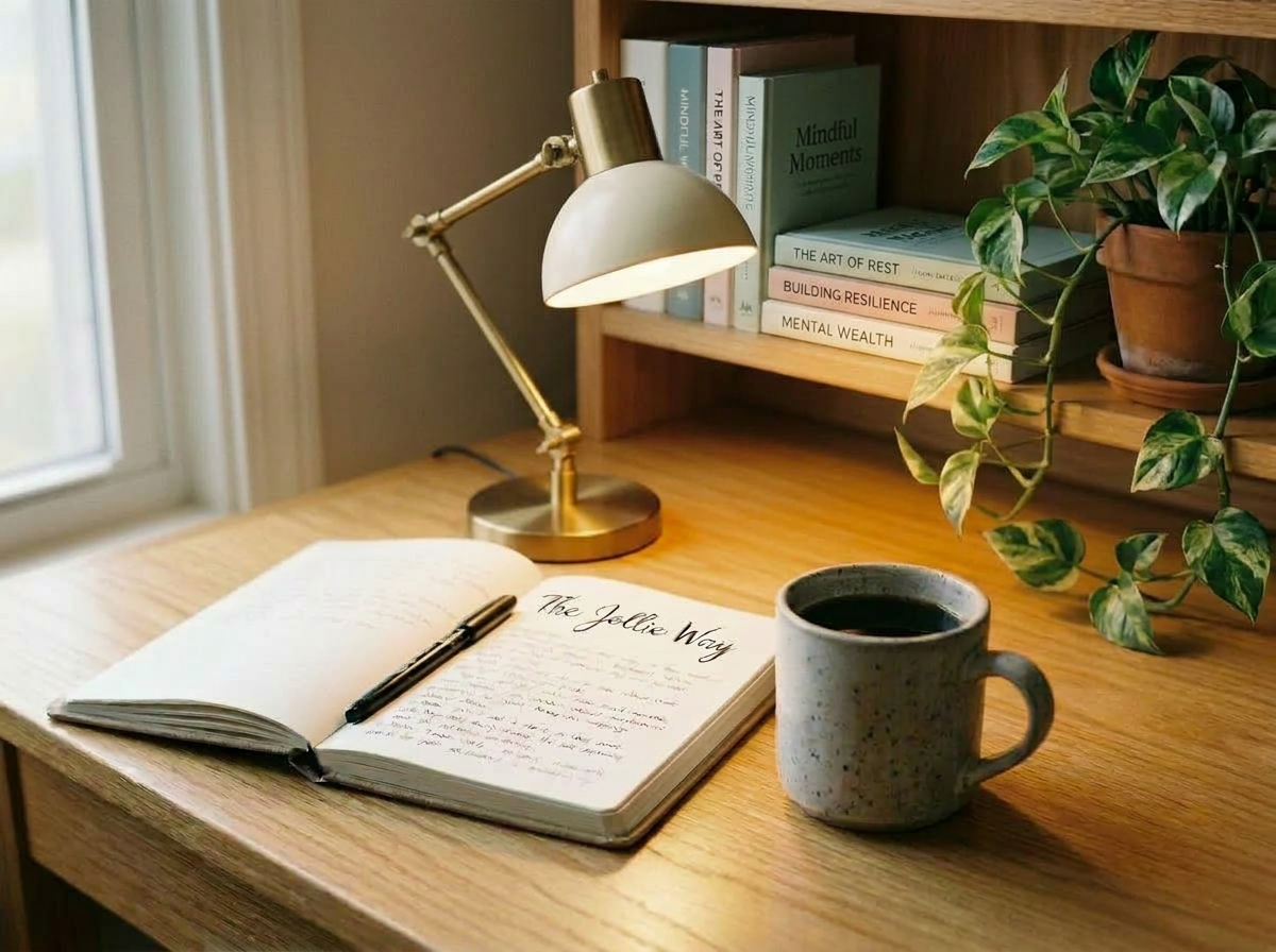 A wooden desk with an open notebook, a pen, a mug of coffee, a brass desk lamp, a bookshelf with books and a potted plant during daytime.