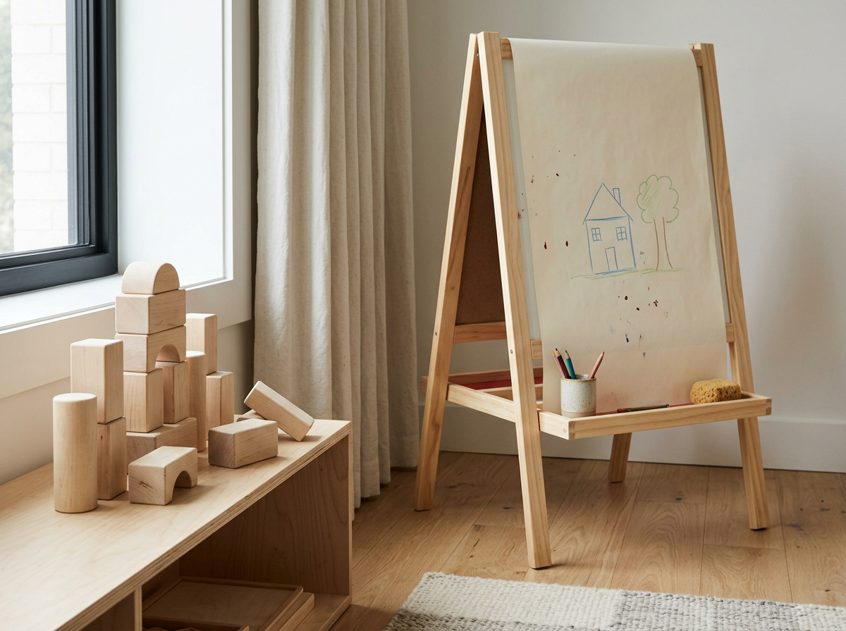 A children's playroom with a window, beige curtains, wooden toys on a shelf, and a wooden easel with a whiteboard featuring a simple drawing of a house and a tree, along with colored pencils and an eraser.