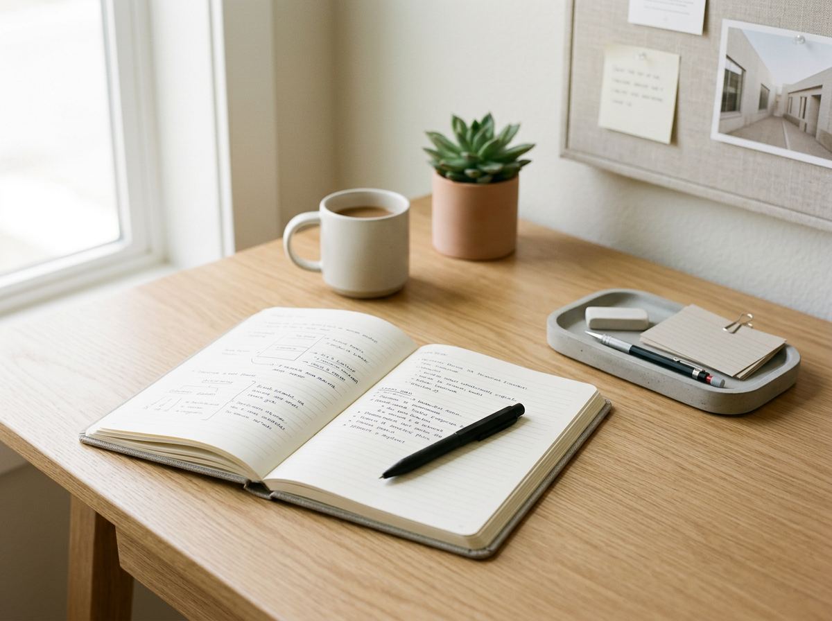 Open notebook with handwritten notes and diagrams on a wooden desk, along with a black pen, a tray with an eraser, notepad, and pen, a mug of coffee, a potted succulent plant, and a bulletin board with notes and photos in the background near a window.