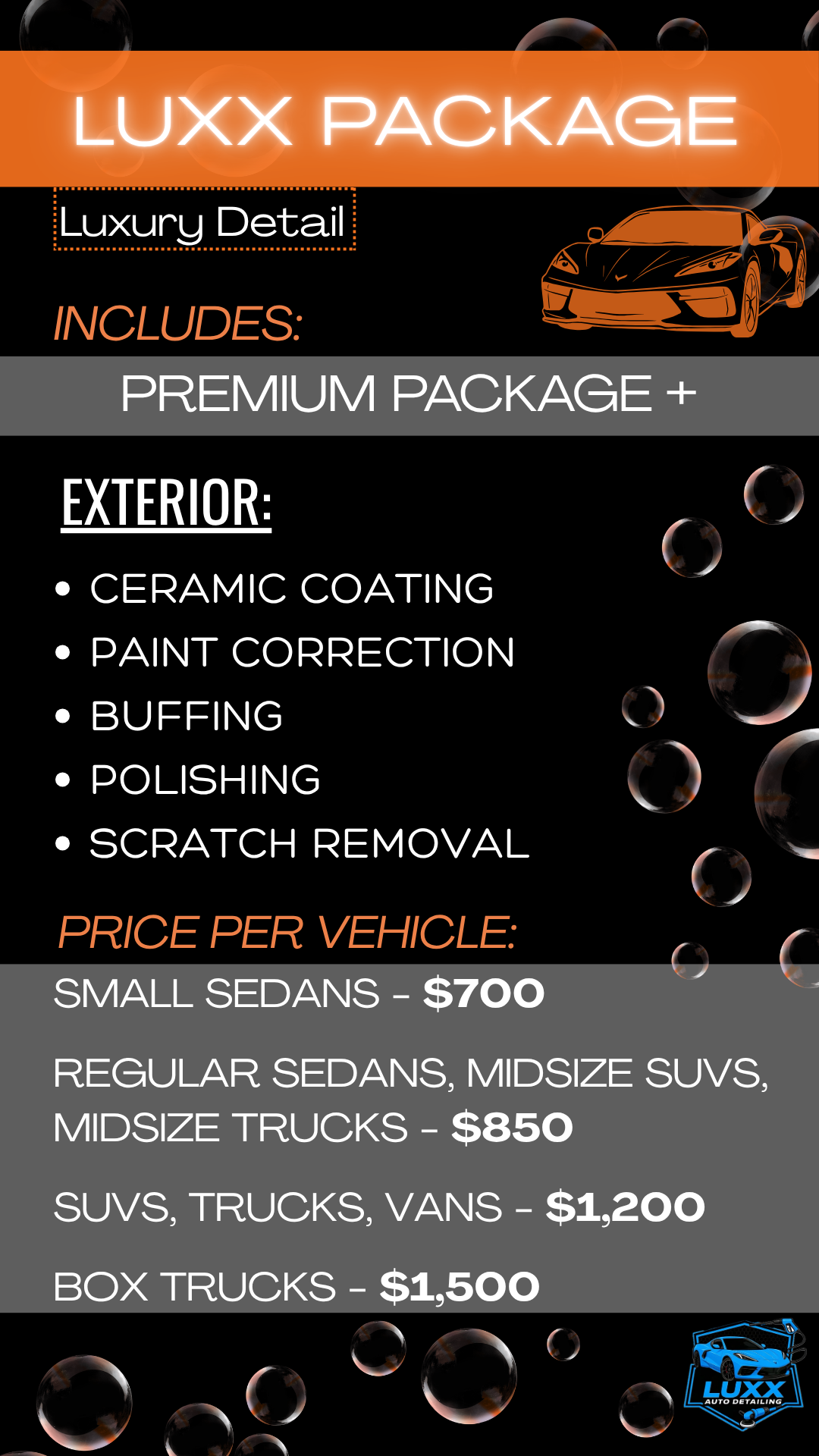 Sign for LUXX Package auto detailing service, listing exterior detailing options and prices for various vehicle types.